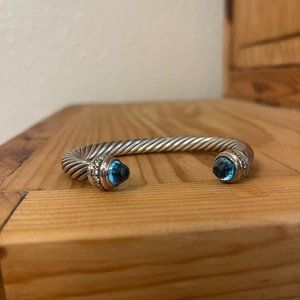 David Yurman Blue Topaz and Diamond Silver Cable Bracelet Cuff